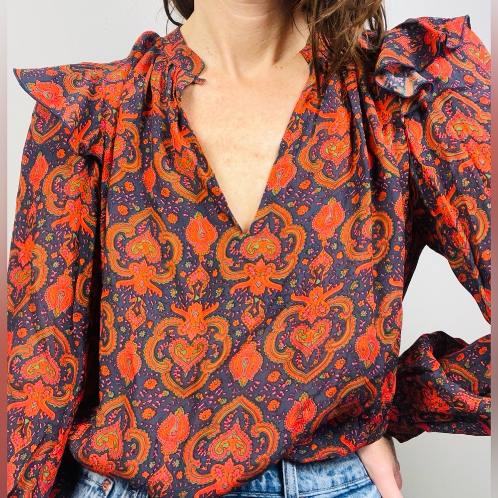Antik Batik V-Neck Blouse | Paisley-Style Print | Size S / 38